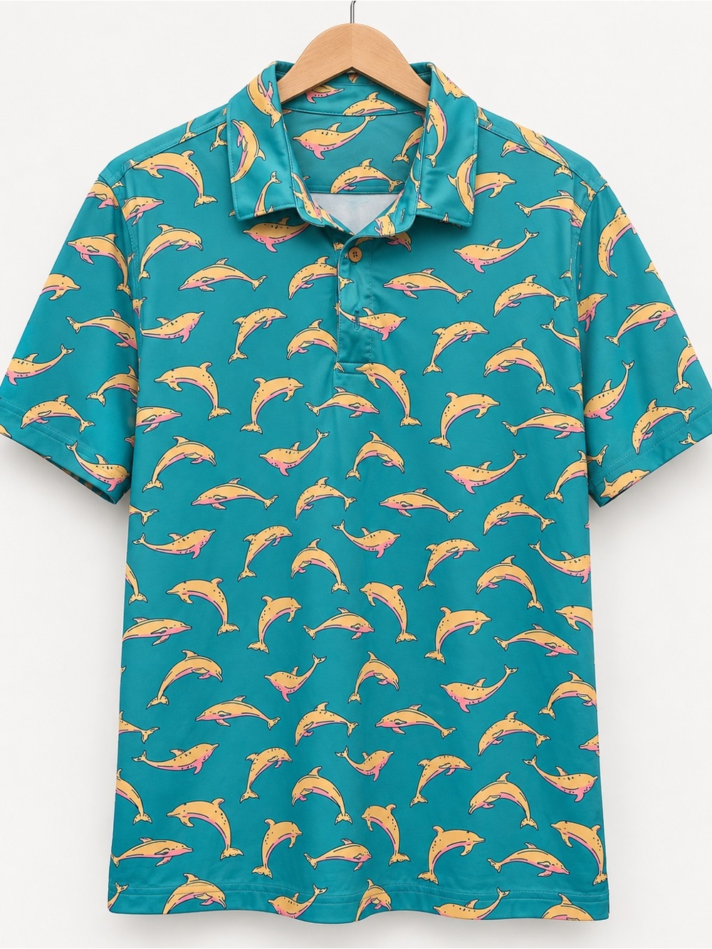 chubbies Teal Polo with Yellow and Pink Dolphin Print